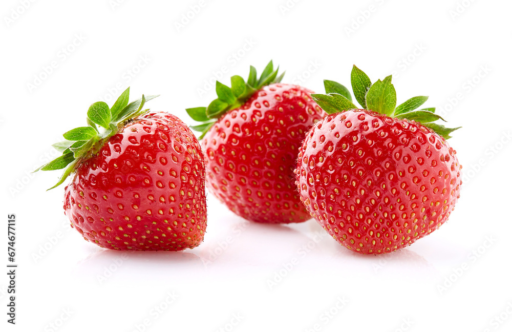 Poster fresh strawberry with leaves on white background