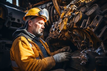 The driver mechanic checks the condition and performance of industrial excavator components before working on open coal.