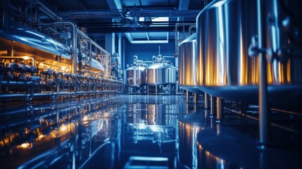 Fototapeta premium Stainless steel beer brewing equipment pipe Large reservoirs or tanks in modern breweries