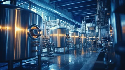 Foto op Aluminium Stainless steel beer brewing equipment pipe Large reservoirs or tanks in modern breweries © sirisakboakaew