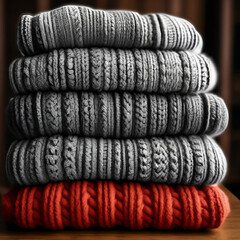 Pile of warm wool clothing lying on a table