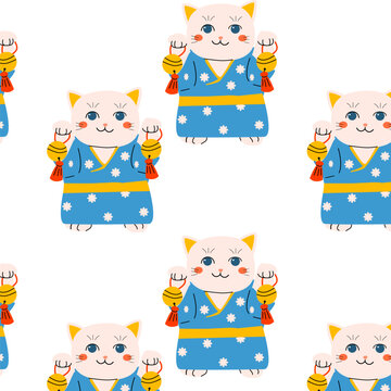 cute maneki neco in asian suit - seamless pattern
