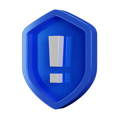 Gray warning icon with 3d security blue shield on transparent background. Exclamation sign. Internet and data safety concept illustration.
