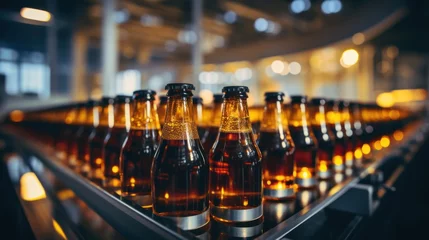 Fototapeten Brown plastic bottles with beer moving on a conveyor belt Production line of modern food industry brewery © sirisakboakaew