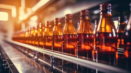  Brown plastic bottles with beer moving on a conveyor belt Production line of modern food industry brewery © sirisakboakaew