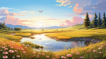 Foto auf Alu-Dibond nature meadow view sun landscape illustration field summer, morning countryside, sky rise nature meadow view sun landscape © sevector