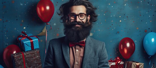 For his birthday the stylish man received a vintage black and blue fashion background making him happy as a star with a face full of red joy it was the perfect hipster gift for a celebration - obrazy, fototapety, plakaty