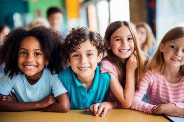 Happy diverse schoolchildren looking at camera. Smiling multiethnic kids posing for group portrait in a classroom of elementary school. Boys and girls of different skin colors go to school together.