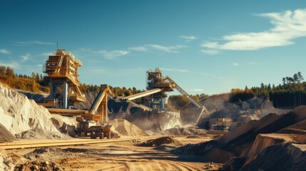 Sand quarry banner, Industrial plant with belt conveyor in open pit mining.