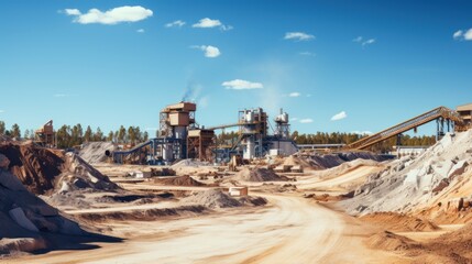Sand quarry banner, Industrial plant with belt conveyor in open pit mining. - obrazy, fototapety, plakaty