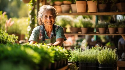 Senior female gardener sells plants at the garden shop in the back. Control flowers and trees