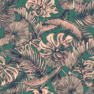Tropical leaf seamless pattern. Colorful vivid print with beautiful palm jungle leaves. Repeated luxury design for packaging, cosmetic, fashion, textile, wallpaper. Realistic high quality illustration