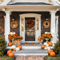 cute and cozy cottage with fall decorations pumpkins on the front - 674678747