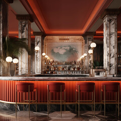 opulente detailreiche Bar Restaurant im artdeco Stil mit Barhockern und Marmorwand - obrazy, fototapety, plakaty