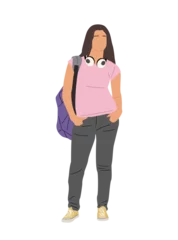 Zelfklevend Fotobehang Pretty girl, High school, college, university student standing with backpack and headphones. Female cartoon character vector illustration isolated on transparent background. © Creative Juice
