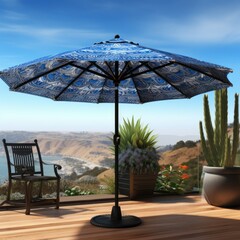 a chair and umbrella on a deck