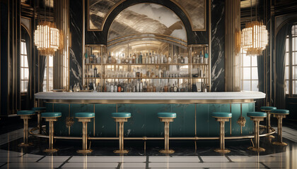 opulente detailreiche Bar Restaurant im artdeco Stil mit Barhockern und Marmorwand - obrazy, fototapety, plakaty