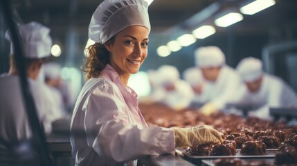 Female workers control the quality of desserts. Modern food industry storage, chocolate factory production line - obrazy, fototapety, plakaty