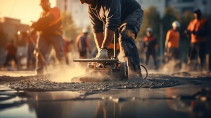 Workers uses vibrating machine to level cement mortar for floors. - obrazy, fototapety, plakaty