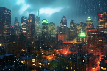 a city skyline with rain falling
