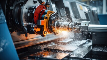Close-up work CNC metal cutting lathe, industrial steel tools with splash - obrazy, fototapety, plakaty