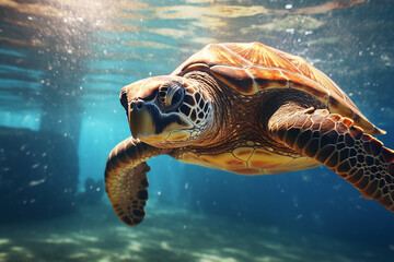 The sea turtle gracefully glides through the ocean, sunlight piercing through the water's surface, illuminating its path