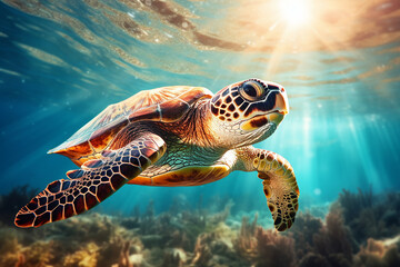 Obraz premium The sea turtle gracefully glides through the ocean, sunlight piercing through the water's surface, illuminating its path
