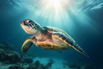 Fototapeta premium The sea turtle gracefully glides through the ocean, sunlight piercing through the water's surface, illuminating its path