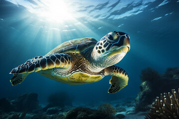 Fototapeta premium The sea turtle gracefully glides through the ocean, sunlight piercing through the water's surface, illuminating its path