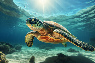 The sea turtle gracefully glides through the ocean, sunlight piercing through the water's surface, illuminating its path