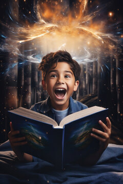 cheerful boy reads literature. magic and imagination from learning. is delighted with the training