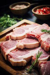 Fototapeta premium Variety of Raw meat. steak, Ribeye, Tenderloin fillet mignon from pork or beef. cooking or barbecue ingredients
