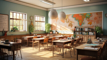 Fototapeta na wymiar Interior of cozy empty classroom. Light green walls, wooden floor, wooden desks, large world map on the wall, indoor plants, many shelves with textbooks. Children's learning and communication concept.