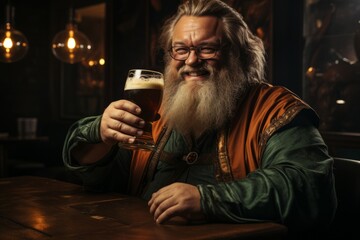 Comic portrait of a fat grey bearded man in green fantasy costume wearing glasses with a glass of beer sitting in a pub. Funny smiling dude portrays the friendly Irish Superhero and proposing a toast.