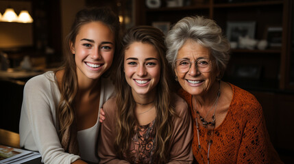 Portrait of two teenage sisters with their grandmother. Granddaughters. Photo of happy family. Family love. Family ties. Concept of love, affection, advice, stories, bond, hugs, teaching,  - obrazy, fototapety, plakaty