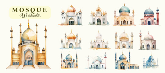 Watercolor Mosque collection set in Islamic Art Eid Mubarok, eid adha, eid fitr Hand draw decorative ramadan kareem vector illustration