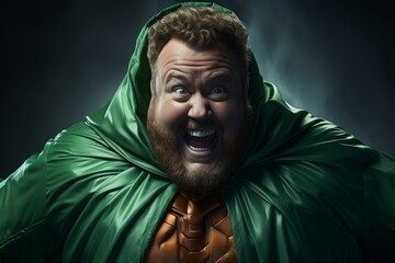 Comic portrait of a fat redhead bearded man in green superhero costume and cloak. The funny screaming dude portrays a powerful Irish Superman. Black background, copy space.