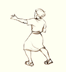 Pencil drawing. Man throw a big stone