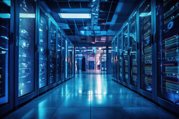 Fototapeta na wymiar Blue Futuristic Data Center with Server Racks