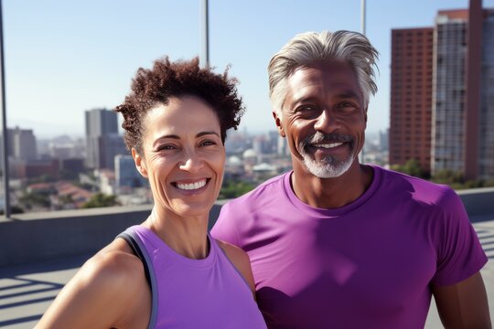 Adult international couple in sports outfits looking at camera with energetic cheerful smile. Happy loving mature man and woman jogging or exercising outdoors. Healthy lifestyle in urban environment.