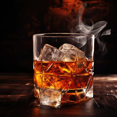 Whiskey Glass with Ice on Dark Smoky Background