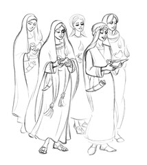 Five wise and five foolish virgins. Pencil drawing