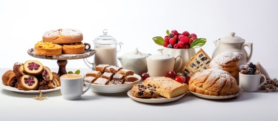 During the holiday season the retro white background of the breakfast table set a joyful Christmas ambiance as the aroma of freshly baked cakes and healthy breakfast foods such as milk tea a - obrazy, fototapety, plakaty