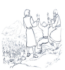 Pencil drawing. Hor and Aaron hold the hands of Moses
