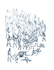 Pencil drawing. Warriors fight on the battlefield