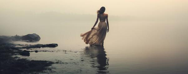 A young woman walking through water in a delicate dress in a misty morning