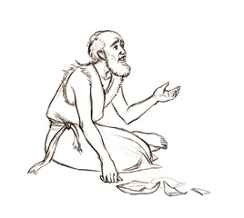 Pencil drawing. A beggar asks for alms