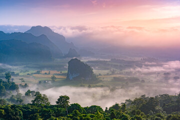 Sunrise and The Mist with Mountain Background, Phayao Province, Thailand.Beautiful landscape...