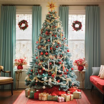 Christmas tree with presents in the living room. Christmas and New Year concept
