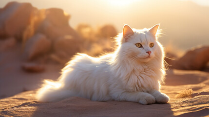 Beautiful white cat on desert background. Generative AI